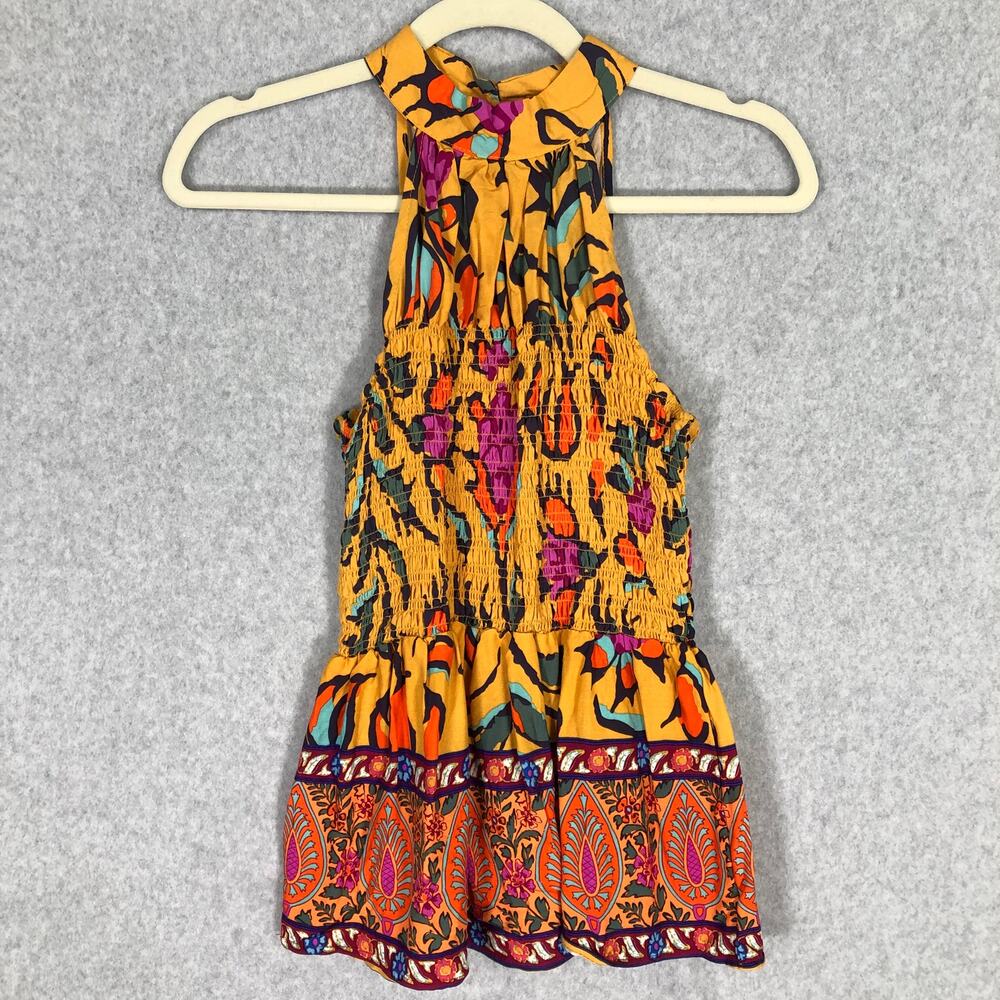 Haute Hippie Top Small Yellow Tank‎ Blouse Ruffle Halter Paisley Floral Boho
